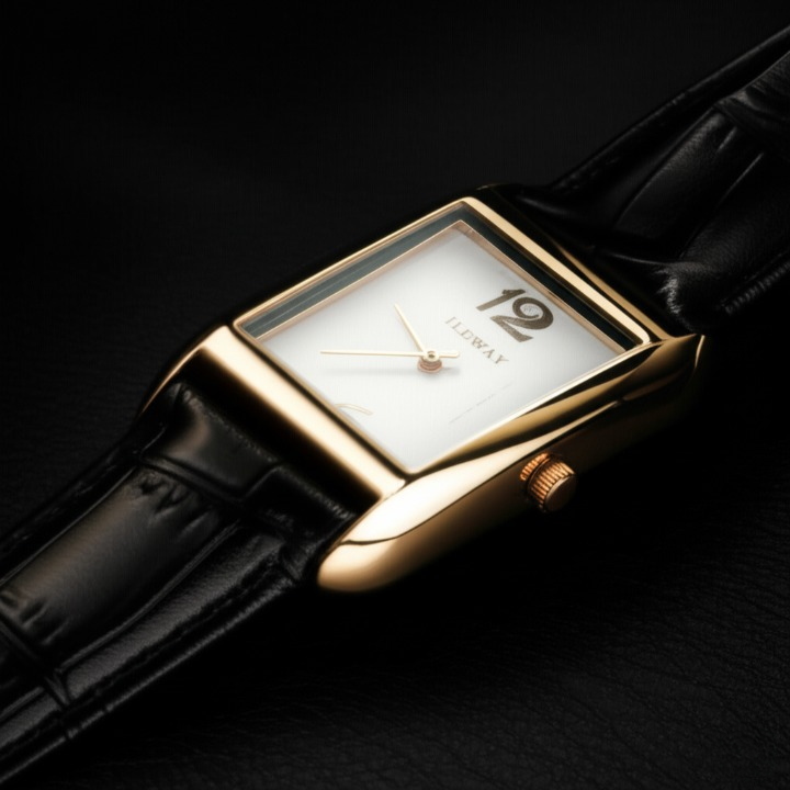 ILEWAY Luxury Rectangle Dial Waterproof Watch – Gold-Tone Case, Black Leather Strap, Analog Display Without Box