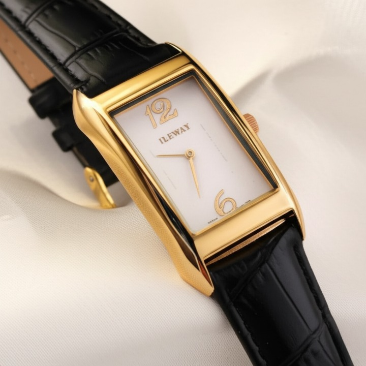 ILEWAY Luxury Rectangle Dial Waterproof Watch – Gold-Tone Case, Black Leather Strap, Analog Display Without Box